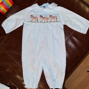 Blue Gingham Bailey Boys jumper with smocked Horse Embroidery
